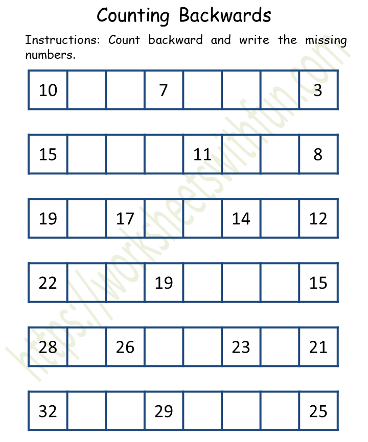 Mathematics Preschool Counting Backwards Worksheet 7 Color 